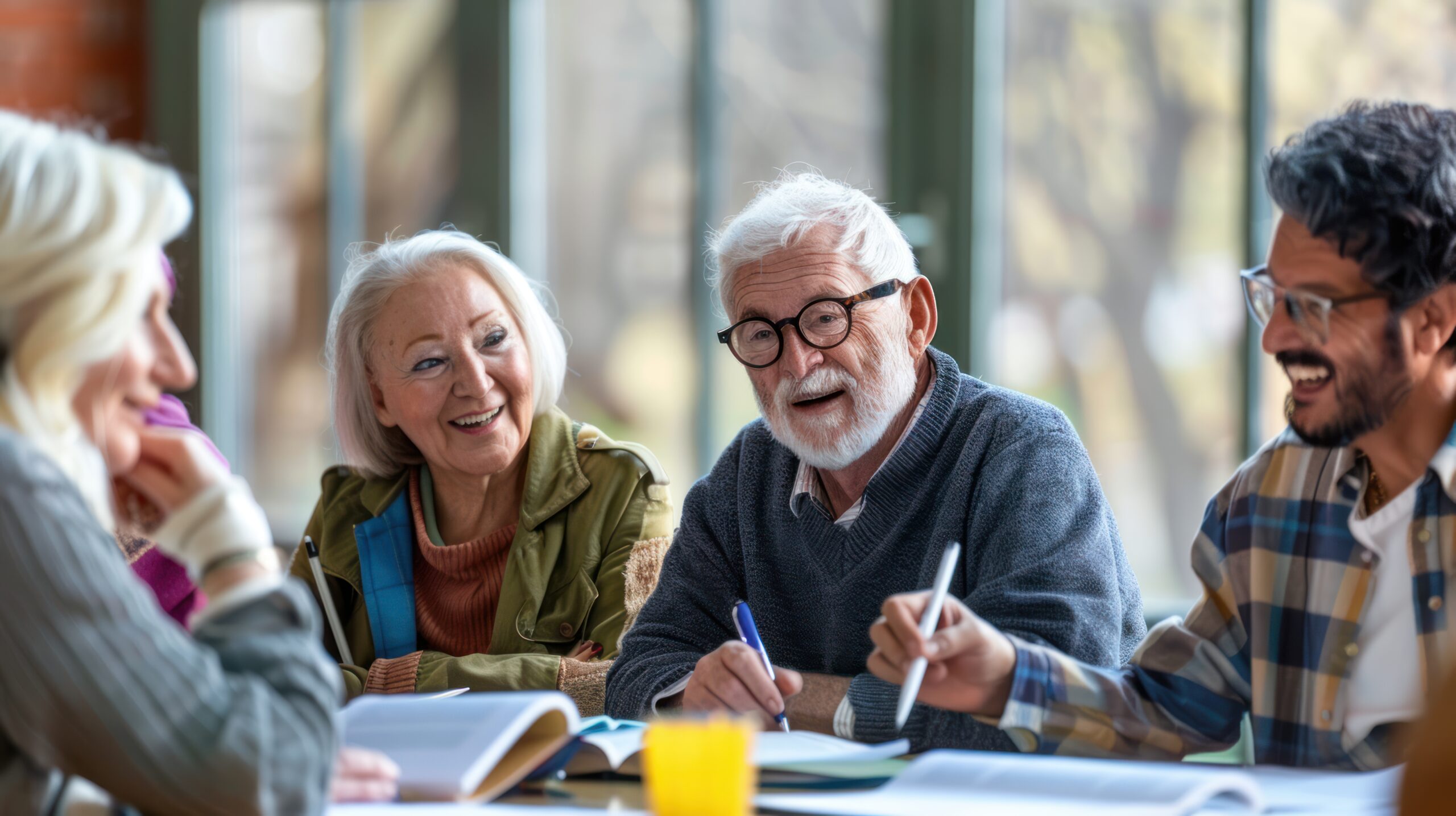 Personnes de divers âges qui rigolent et échangent en écrivant