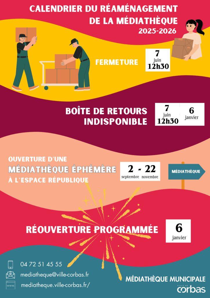 flyer du calendrier de réaménagement de la médiathèque. 
7 juin à 12h30 : fermeture au public de la Médiathèque
du 7 juin (à 12h30) au 6 janvier : la boîte de retour des emprunts sera indisponible
du 2 septembre au 22 novembre : Ouverture d'une Médiathèque éphémère à l'Espace république
6 janvier : réouverture prévue de la Médiathèque au Centre culturel le Polaris